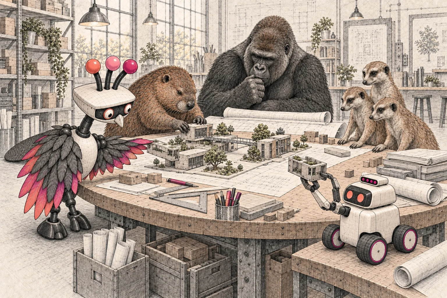 Turbie and Turbobot join a beaver, silverback, and meerkat team around one shared plan, combining their skills to build a connected model.