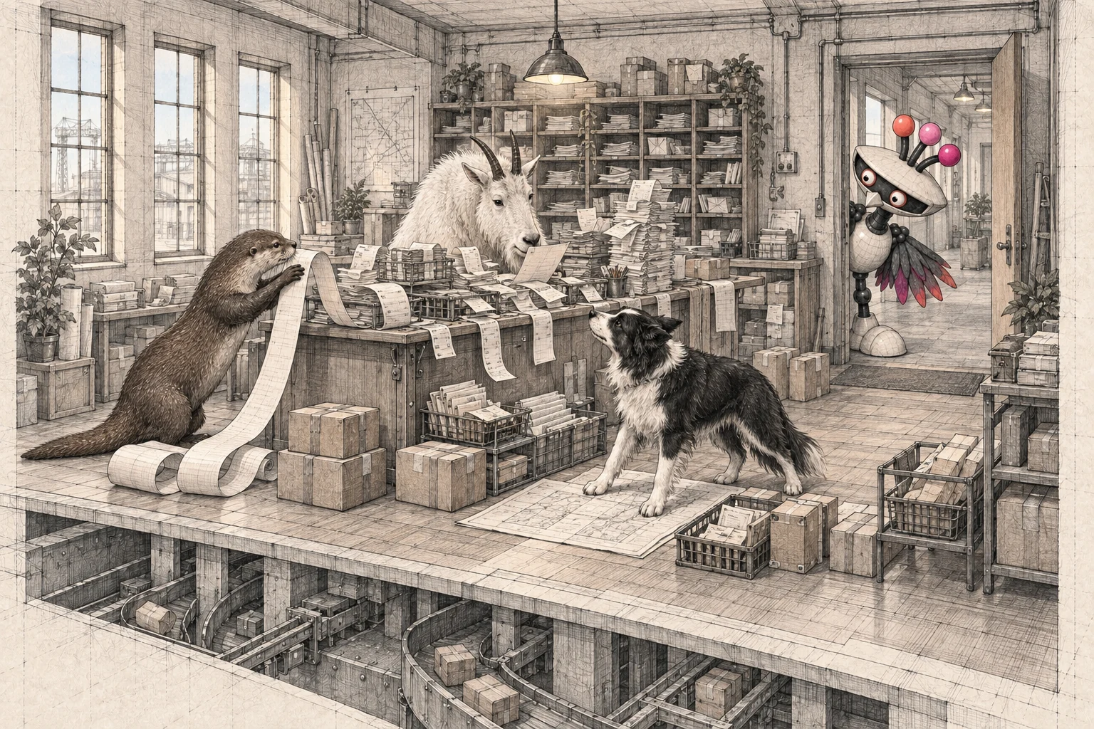 A border collie works with goat and otter clients at a dispatch desk buried in paperwork. Turbie leans in through the rear doorway.