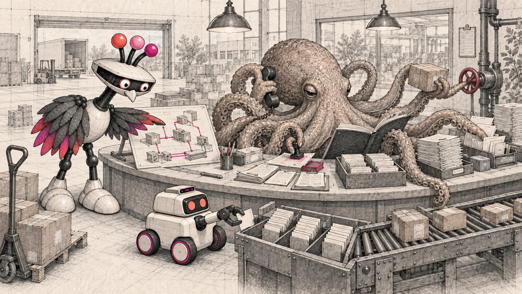A realistic octopus juggles calls, paperwork, parcels and controls at a warehouse counter.