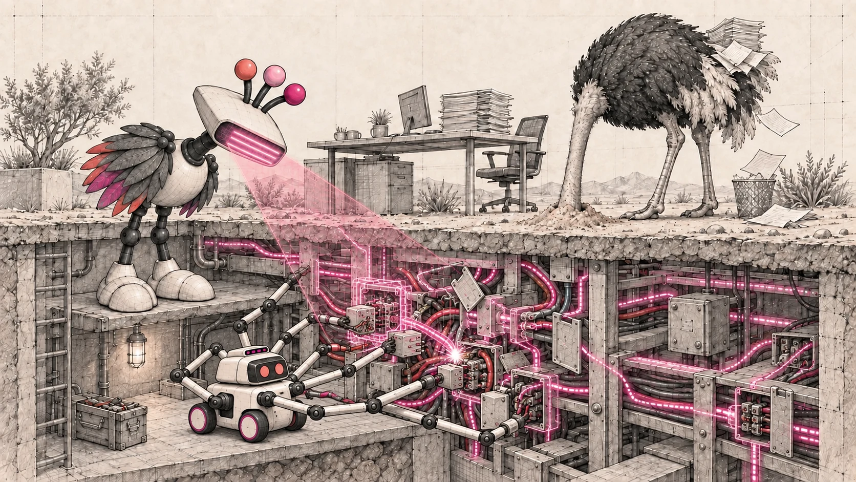 Turbie reveals branching underground dependencies while Turbobot unfolds six tool arms to repair the connections. The ostrich remains head-down above.