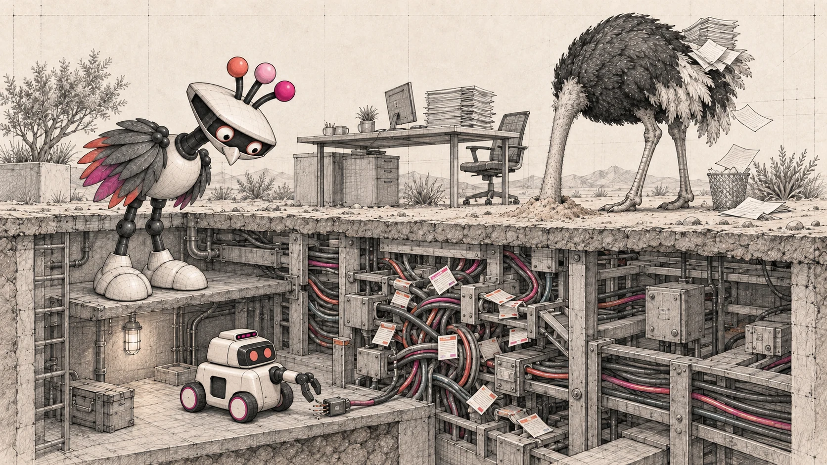 An ostrich buries its head above a tangle of hidden infrastructure while Turbie investigates.