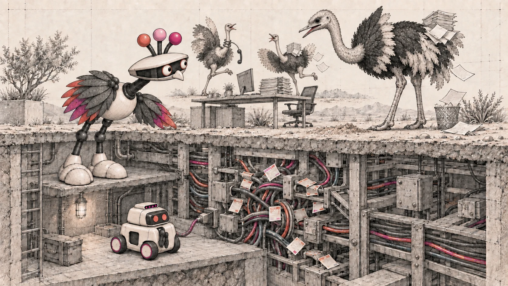 The original ostrich raises its head as two ostrich coworkers dance in the background, still tangled in phone cords and paperwork.