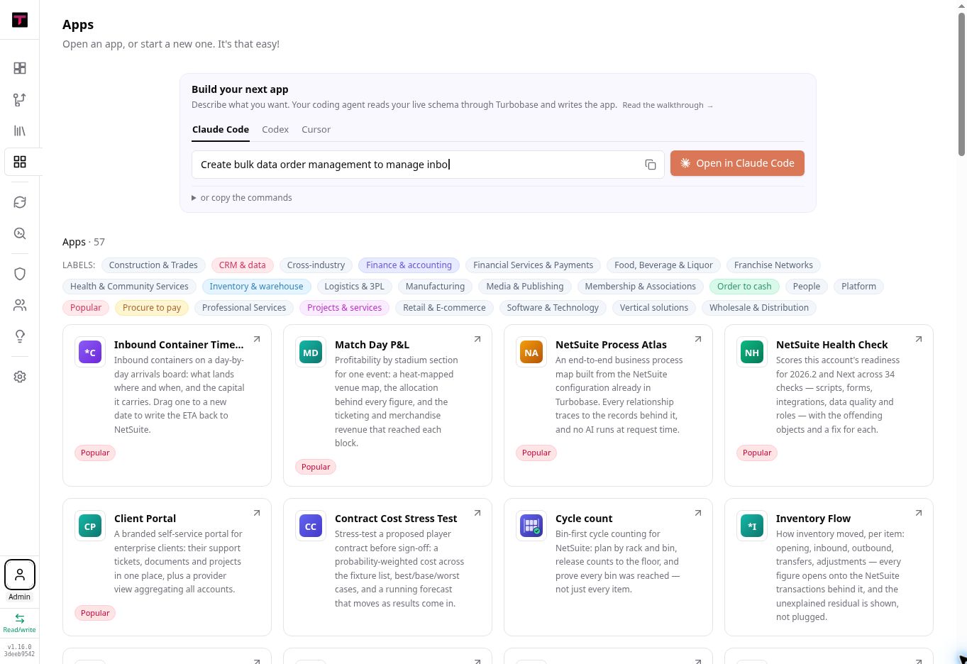 Turbobase Apps view with a natural-language app brief and a library of existing operational apps