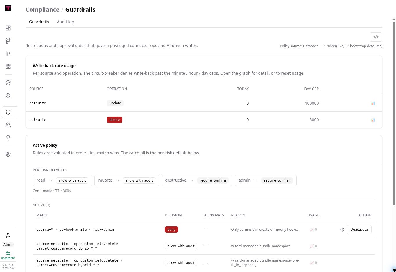 Turbobase Guardrails view showing write-back caps, risk defaults, confirmation requirements, and active policies