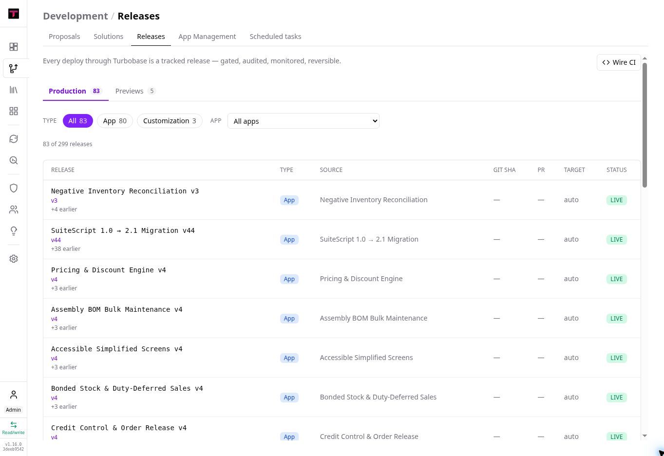 Turbobase Releases view listing existing apps including Negative Inventory Reconciliation and their versions